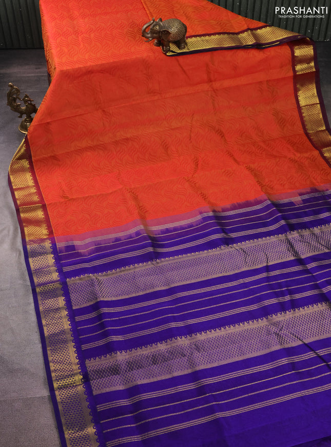 Silk cotton saree dual shade of orange and blue with allover self emboss jacquard and zari woven border