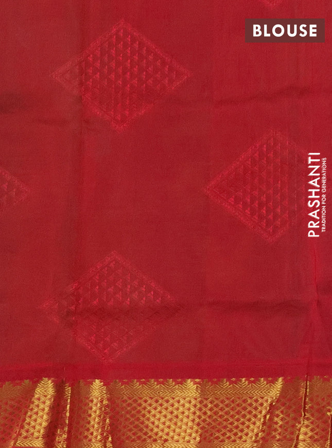 Silk cotton saree green and red with allover self emboss jacquard and zari woven border