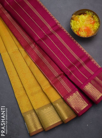 Silk cotton saree dual shade of yellow and magenta pink with allover self emboss jacquard and zari woven border
