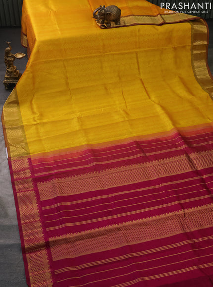 Silk cotton saree dual shade of yellow and magenta pink with allover self emboss jacquard and zari woven border