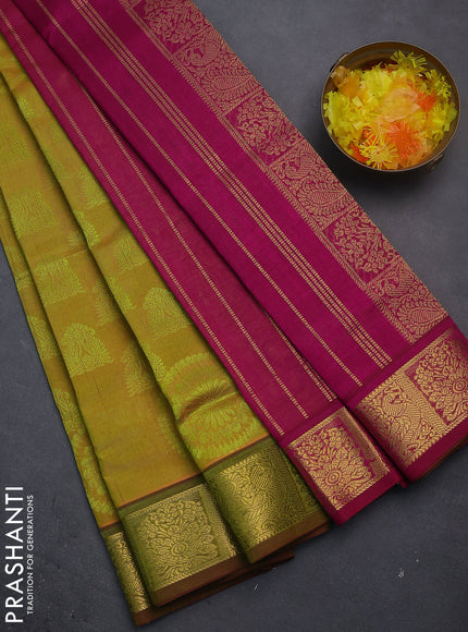 Silk cotton saree dual shade of lime yellow and dark magenta pink with allover self emboss jacquard and zari woven border