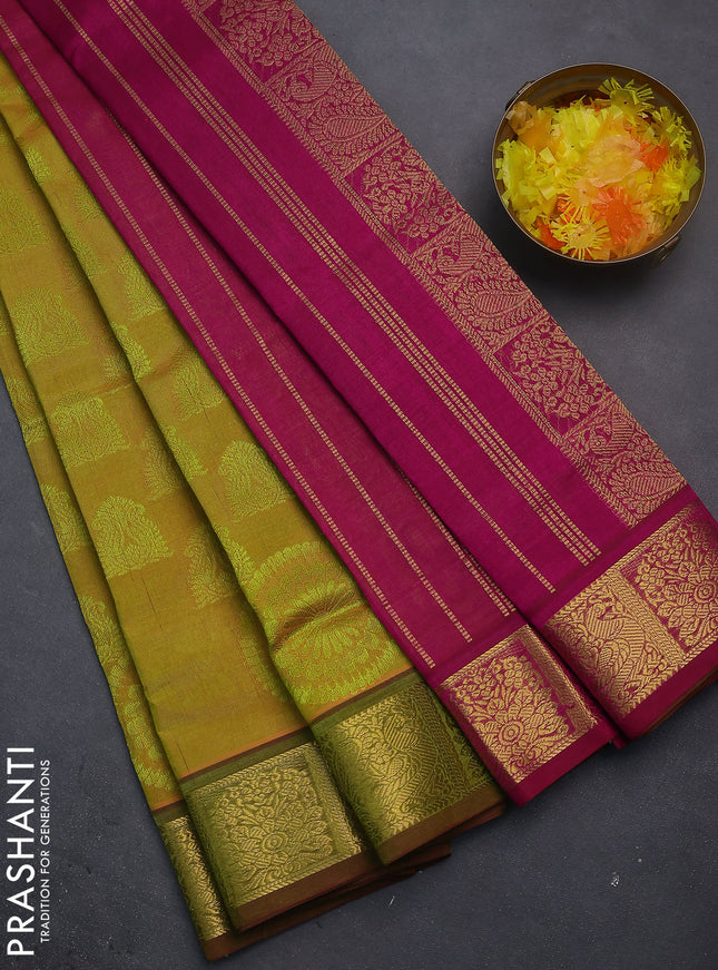 Silk cotton saree dual shade of lime yellow and dark magenta pink with allover self emboss jacquard and zari woven border