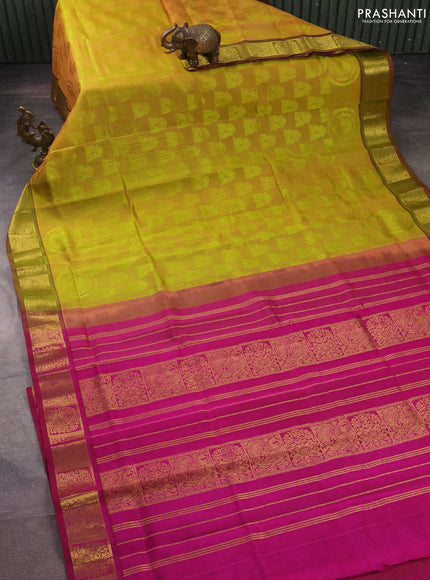 Silk cotton saree dual shade of lime yellow and dark magenta pink with allover self emboss jacquard and zari woven border