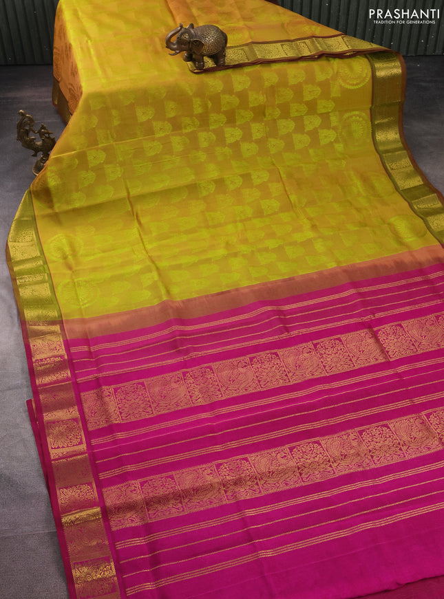 Silk cotton saree dual shade of lime yellow and dark magenta pink with allover self emboss jacquard and zari woven border