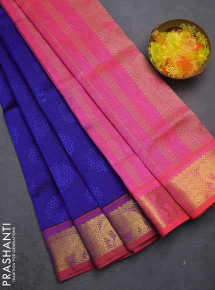 Silk cotton saree blue and dual shade of pinkish orange with allover self emboss jacquard and elephant zari woven border