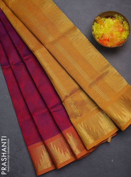 Silk cotton saree dual shade of purple and mustard yellow with allover self emboss jacquard and zari woven border