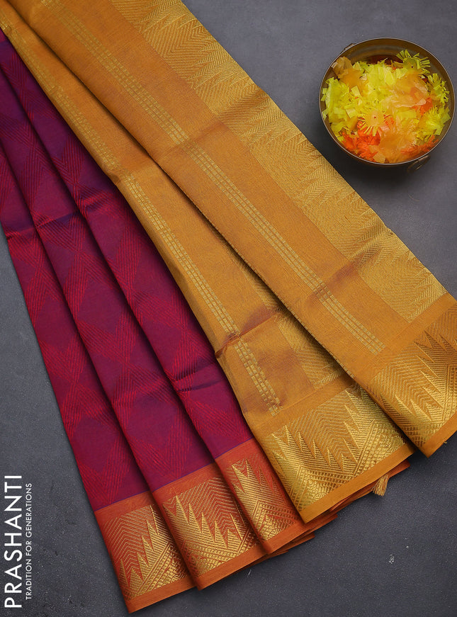 Silk cotton saree dual shade of purple and mustard yellow with allover self emboss jacquard and zari woven border