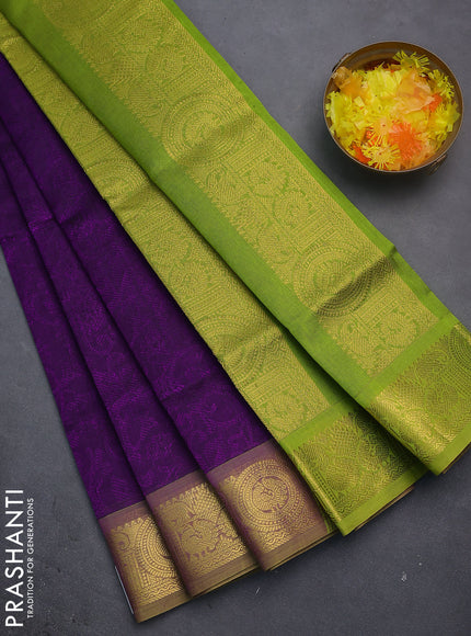 Silk cotton saree purple and light green with allover self emboss jacquard and zari woven annam border