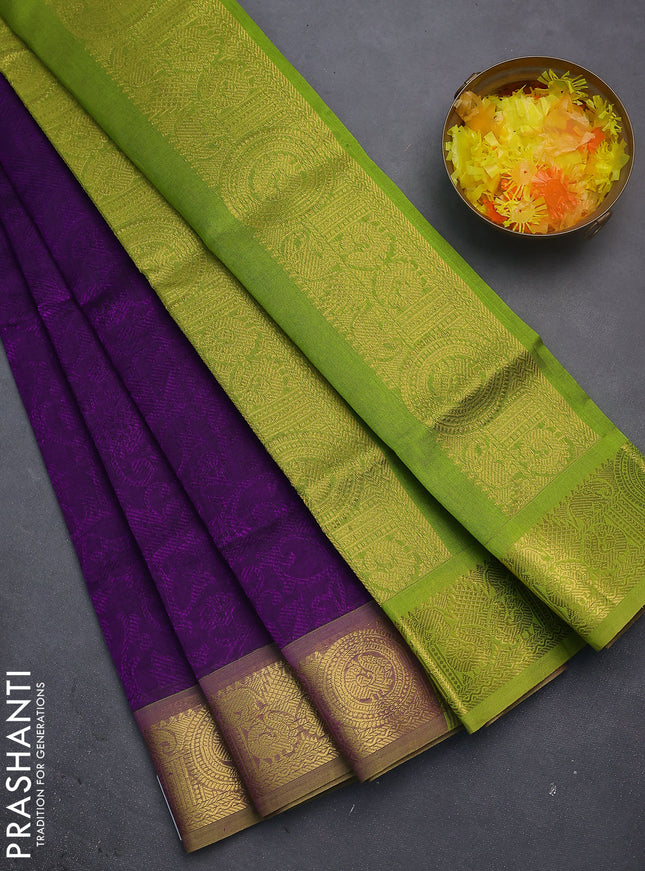 Silk cotton saree purple and light green with allover self emboss jacquard and zari woven annam border