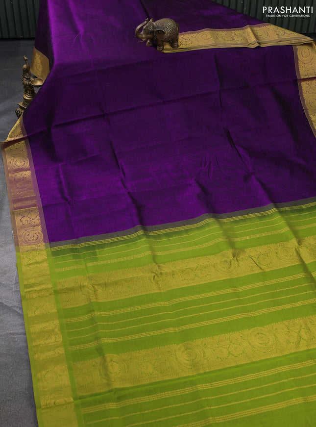 Silk cotton saree purple and light green with allover self emboss jacquard and zari woven annam border