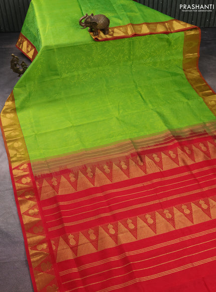 Silk cotton saree light green and red with allover self emboss jacquard and zari woven border