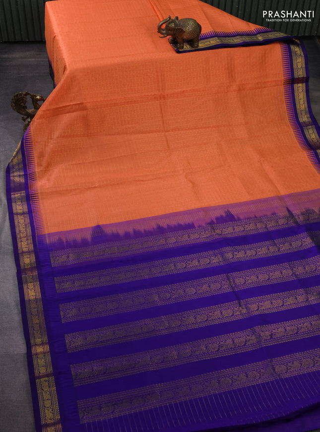 Kuppadam silk cotton saree peach orange and blue with allover small zari checks & lakshadeepam weaves and temple design zari woven border