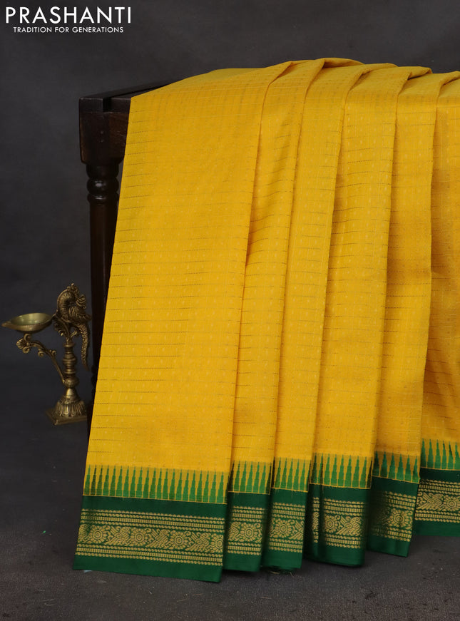Kuppadam silk cotton saree yellow and green with allover small zari checks & lakshadeepam weaves and temple design zari woven border