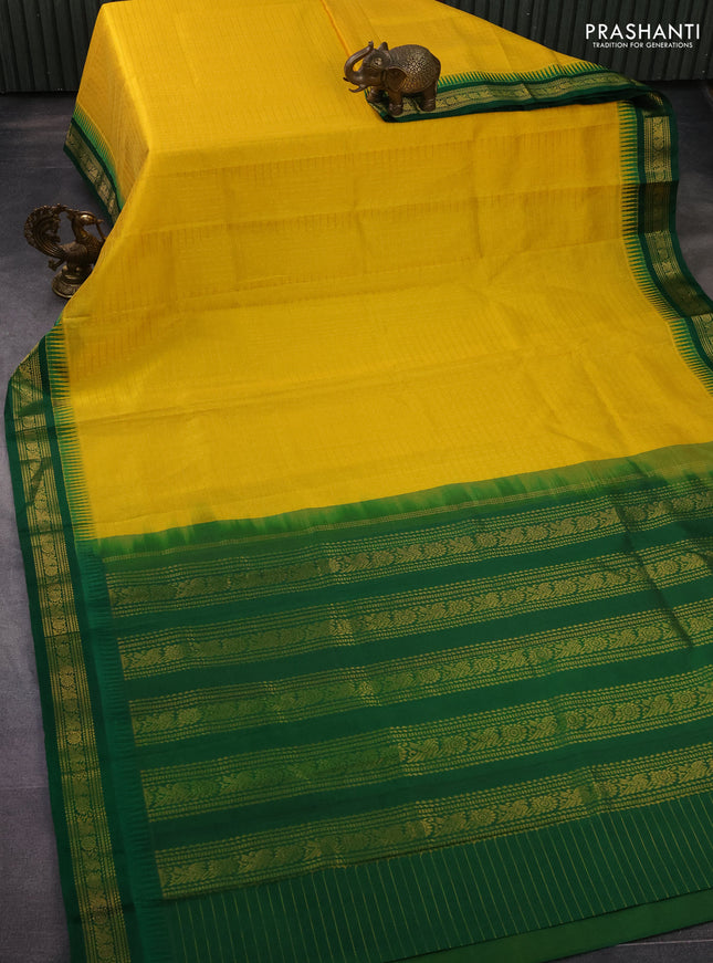 Kuppadam silk cotton saree yellow and green with allover small zari checks & lakshadeepam weaves and temple design zari woven border