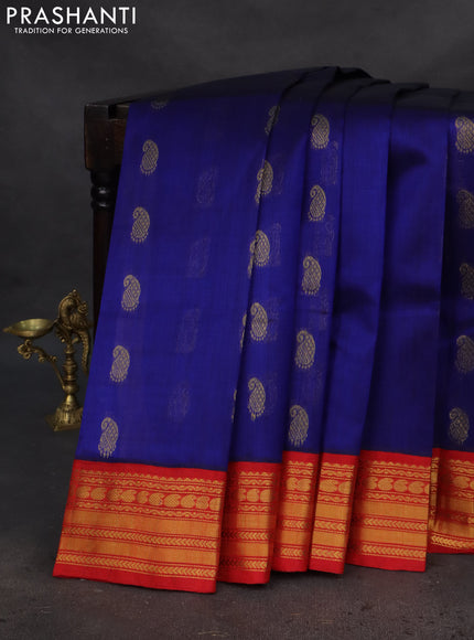 Kuppadam silk cotton saree blue and red with paisley zari woven buttas and zari woven border
