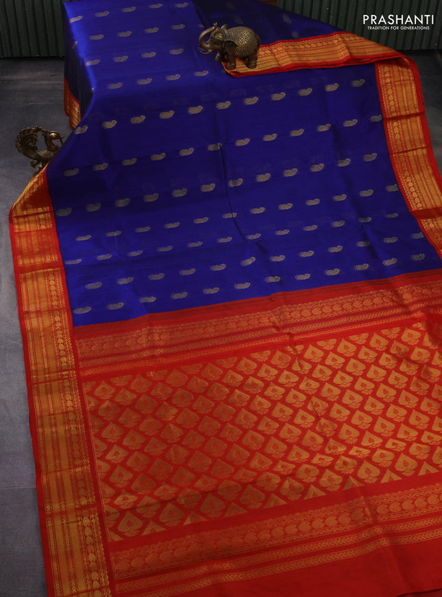 Kuppadam silk cotton saree blue and red with paisley zari woven buttas and zari woven border
