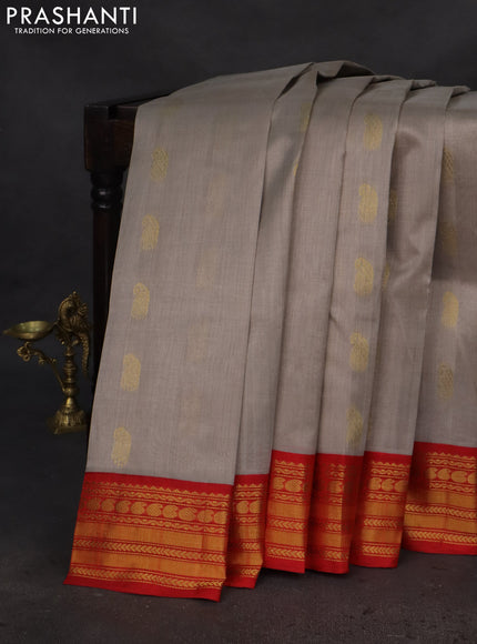 Kuppadam silk cotton saree grey and red with paisley zari woven buttas and zari woven border