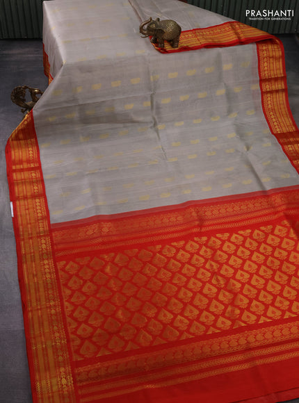 Kuppadam silk cotton saree grey and red with paisley zari woven buttas and zari woven border