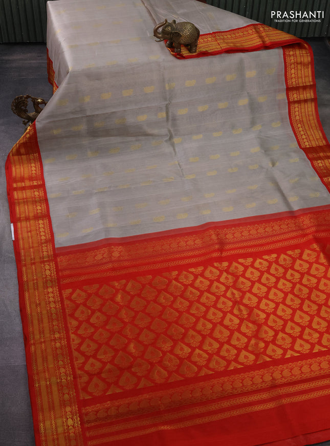 Kuppadam silk cotton saree grey and red with paisley zari woven buttas and zari woven border
