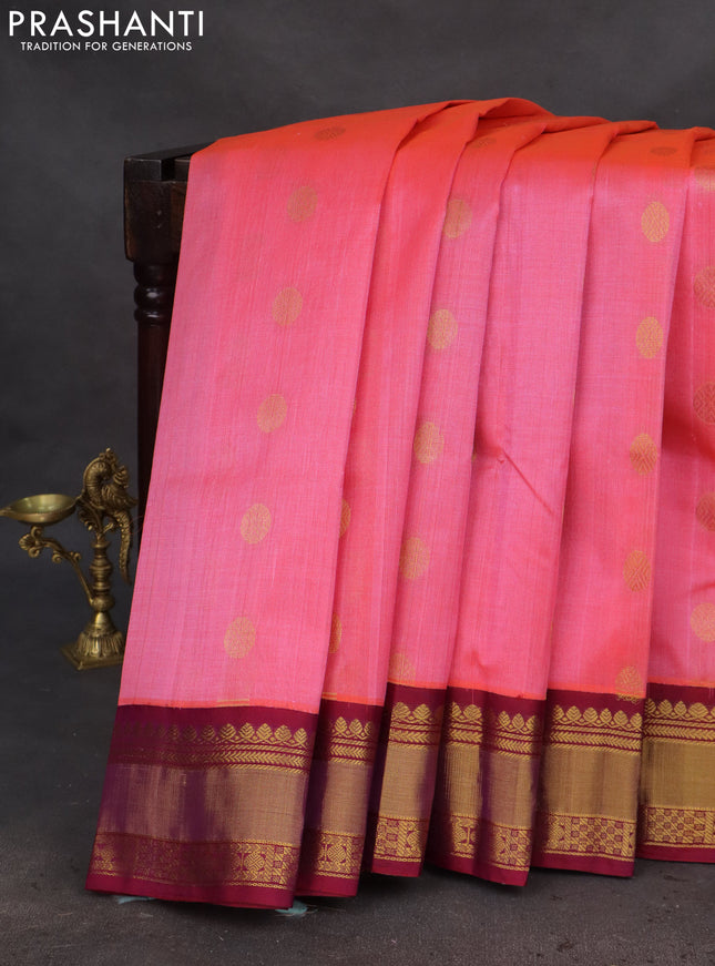Kuppadam silk cotton saree candy pink and purple with rudhraksha zari woven buttas and zari woven border