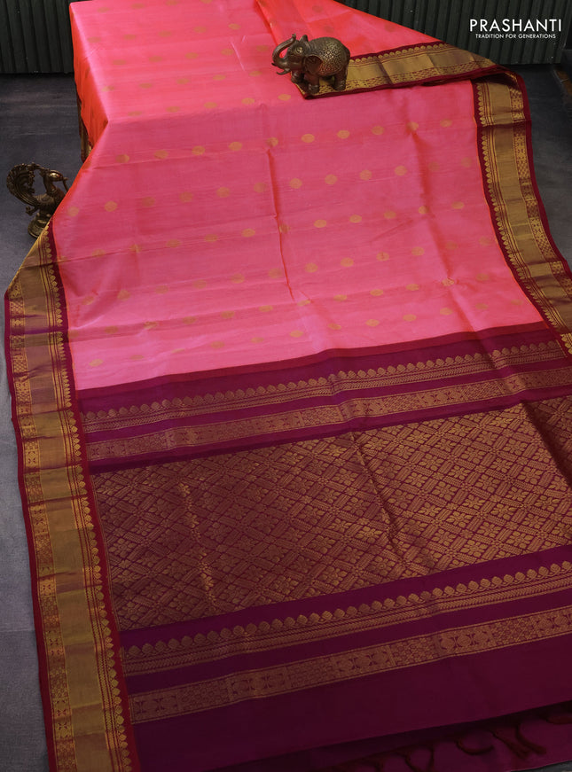Kuppadam silk cotton saree candy pink and purple with rudhraksha zari woven buttas and zari woven border