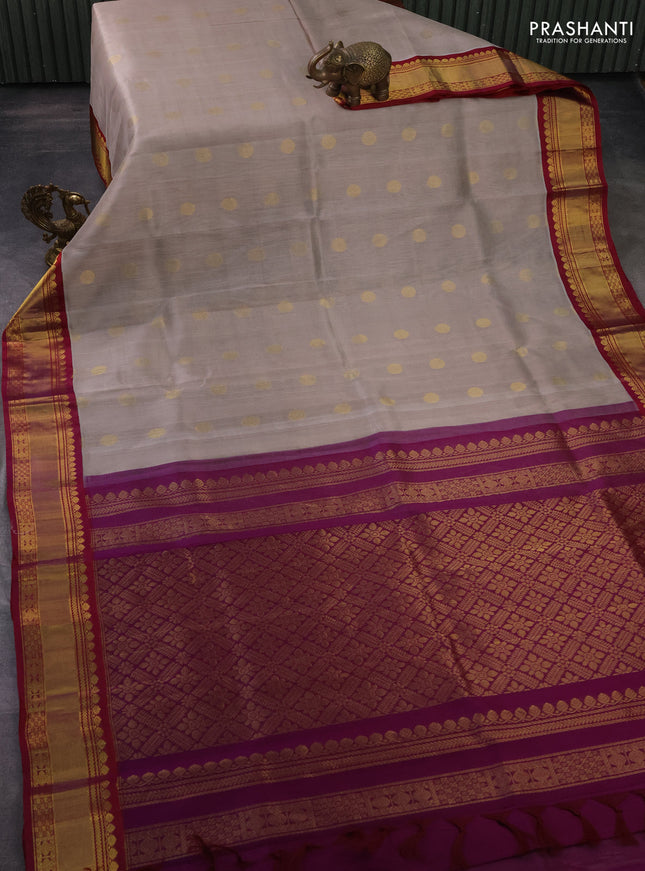 Kuppadam silk cotton saree grey and purple with rudhraksha zari woven buttas and zari woven border