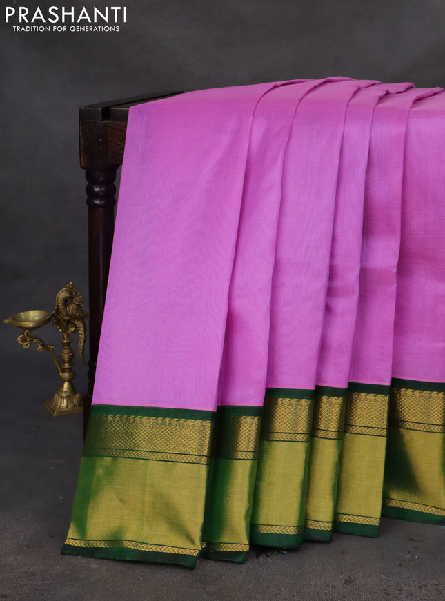 Kuppadam silk cotton saree lavender and green with plain body and zari woven border