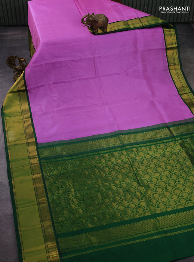 Kuppadam silk cotton saree lavender and green with plain body and zari woven border