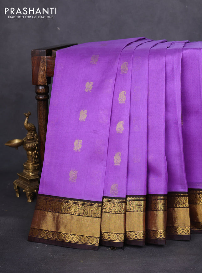 Kuppadam silk cotton saree lavender and deep coffee brown with annam zari woven buttas and zari woven border