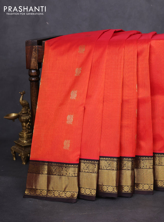 Kuppadam silk cotton saree red and deep coffee brown with annam zari woven buttas and zari woven border