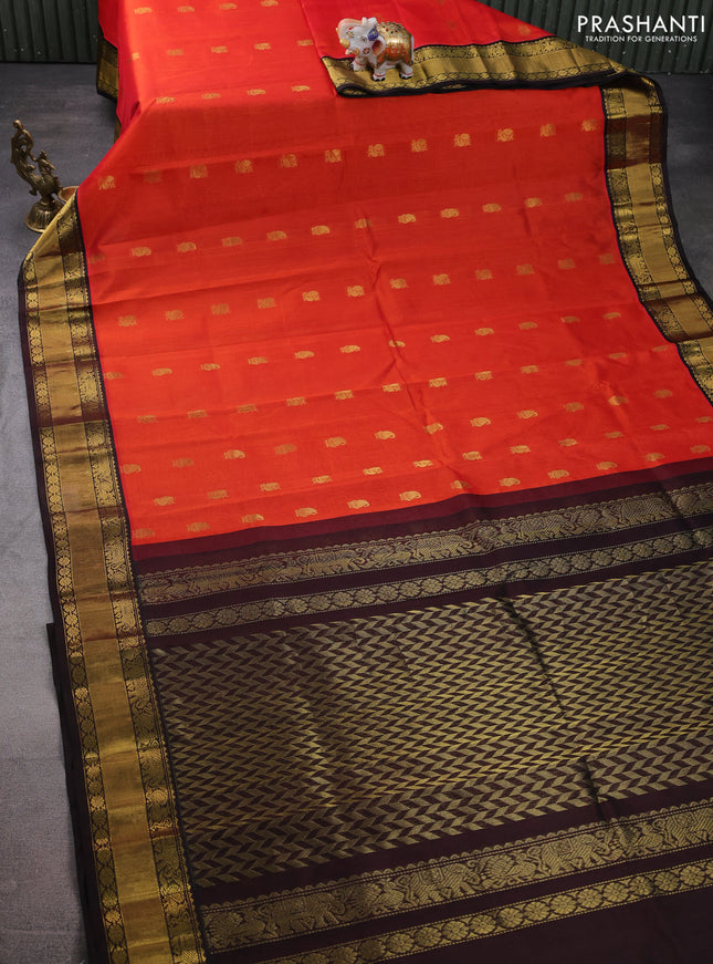 Kuppadam silk cotton saree red and deep coffee brown with annam zari woven buttas and zari woven border