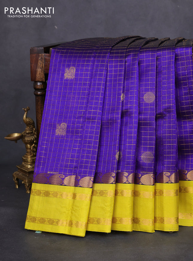Kuppadam silk cotton saree blue and lime yellow with allover zari checks & rudhraksha annam buttas and paisley zari woven border