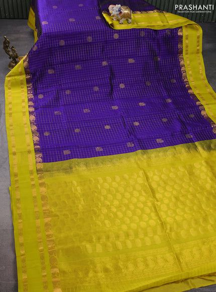 Kuppadam silk cotton saree blue and lime yellow with allover zari checks & rudhraksha annam buttas and paisley zari woven border