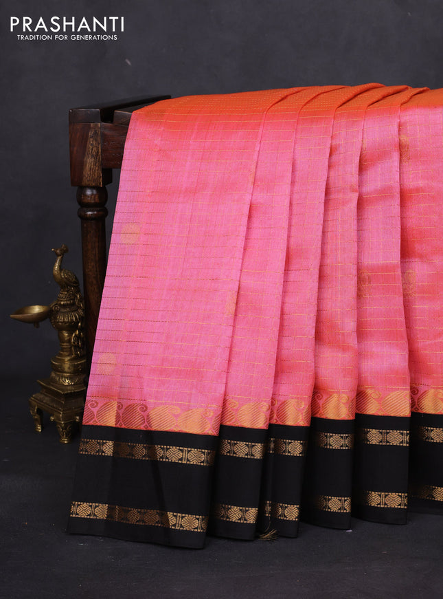 Kuppadam silk cotton saree candy pink and black with allover zari checks & rudhraksha annam buttas and paisley zari woven border