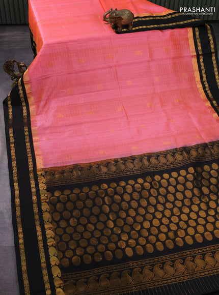 Kuppadam silk cotton saree candy pink and black with allover zari checks & rudhraksha annam buttas and paisley zari woven border