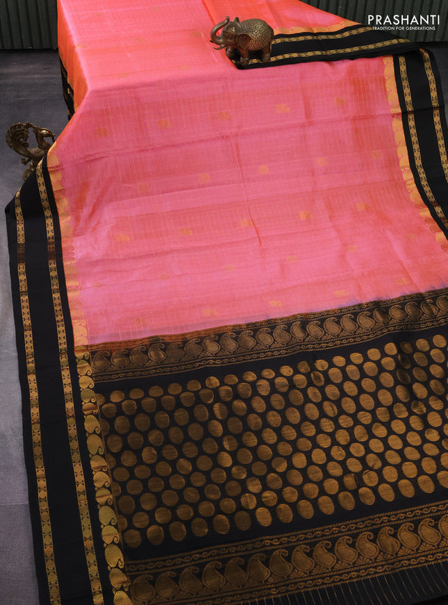 Kuppadam silk cotton saree candy pink and black with allover zari checks & rudhraksha annam buttas and paisley zari woven border