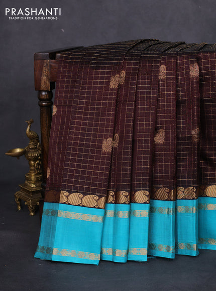 Kuppadam silk cotton saree brown and teal blue with allover zari checks & rudhraksha annam buttas and paisley zari woven border