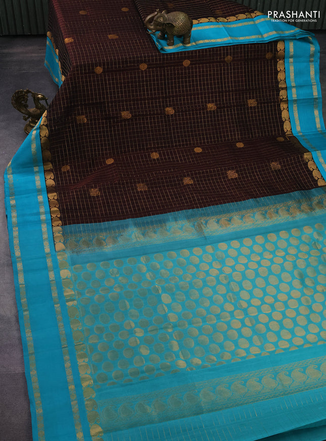 Kuppadam silk cotton saree brown and teal blue with allover zari checks & rudhraksha annam buttas and paisley zari woven border