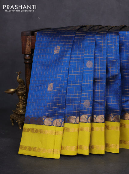 Kuppadam silk cotton saree cs blue and yellow with allover zari checks & rudhraksha annam buttas and paisley zari woven border