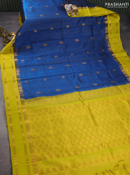 Kuppadam silk cotton saree cs blue and yellow with allover zari checks & rudhraksha annam buttas and paisley zari woven border