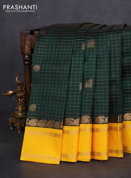 Kuppadam silk cotton saree dark green and yellow with allover zari checks & rudhraksha annam buttas and paisley zari woven border