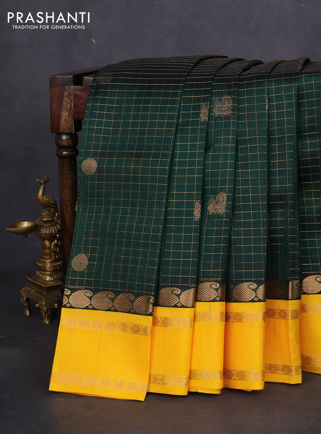 Kuppadam silk cotton saree dark green and yellow with allover zari checks & rudhraksha annam buttas and paisley zari woven border