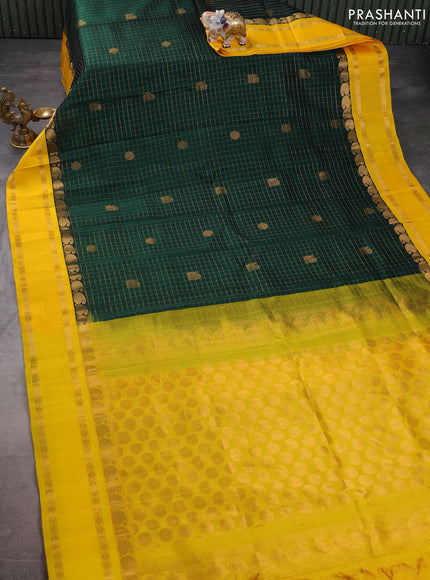 Kuppadam silk cotton saree dark green and yellow with allover zari checks & rudhraksha annam buttas and paisley zari woven border