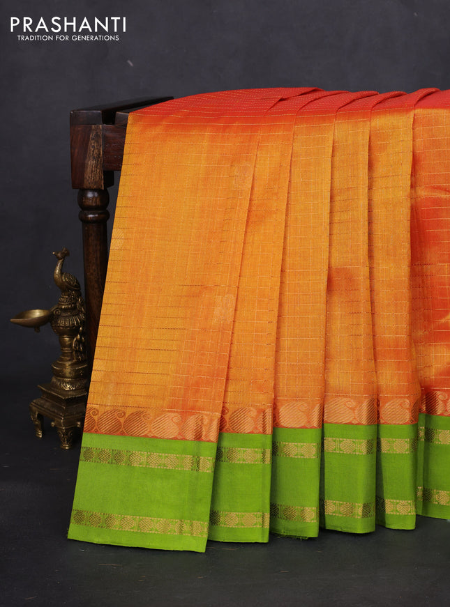 Kuppadam silk cotton saree orange and fluorescent green with allover zari checks & rudhraksha annam buttas and paisley zari woven border