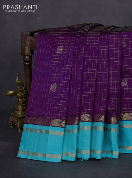 Kuppadam silk cotton saree purple and teal blue with allover zari checks & rudhraksha annam buttas and paisley zari woven border