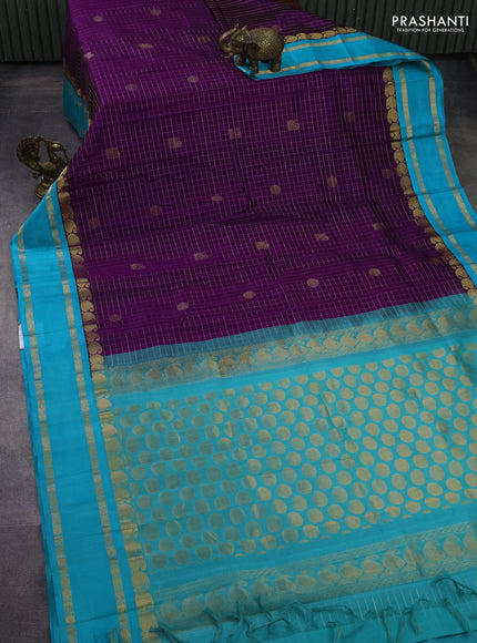 Kuppadam silk cotton saree purple and teal blue with allover zari checks & rudhraksha annam buttas and paisley zari woven border