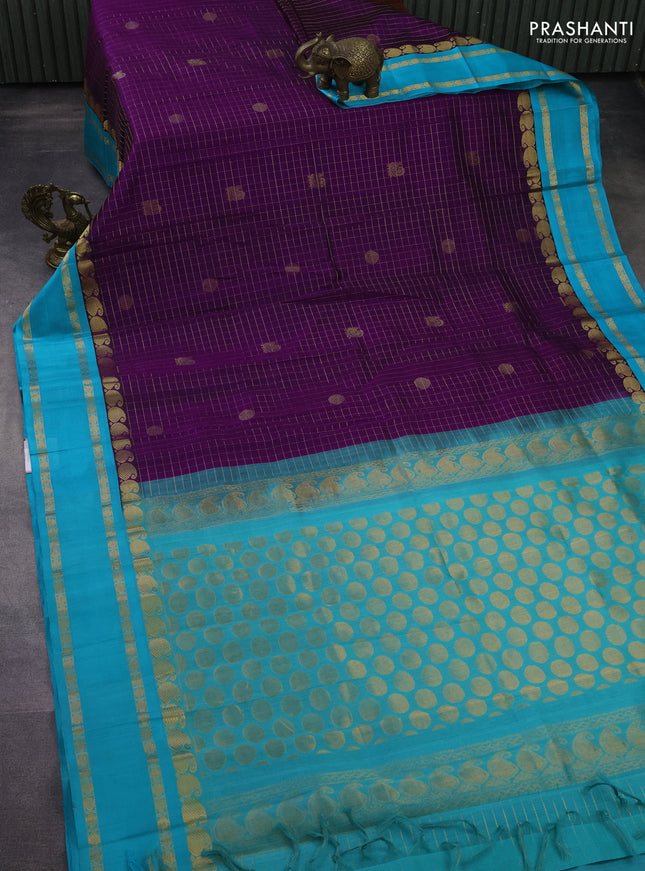 Kuppadam silk cotton saree purple and teal blue with allover zari checks & rudhraksha annam buttas and paisley zari woven border