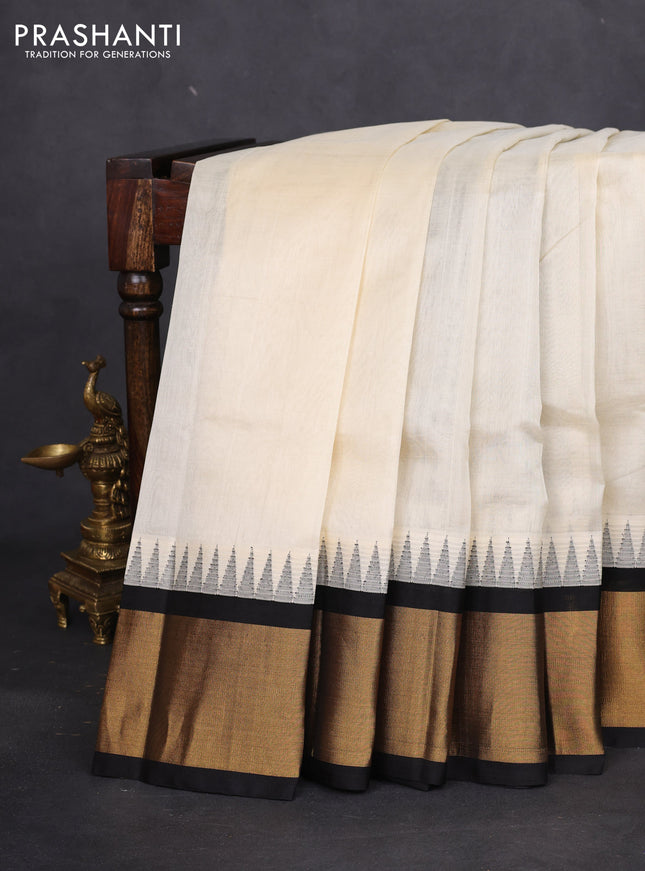 Kuppadam silk cotton saree cream and black with plain body and temple design zari woven border