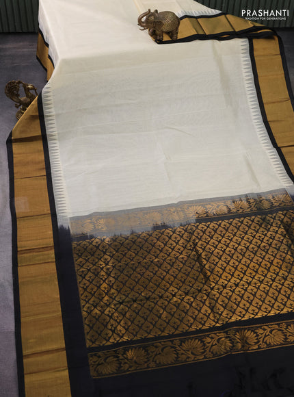 Kuppadam silk cotton saree cream and black with plain body and temple design zari woven border