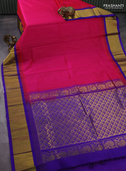 Kuppadam silk cotton saree dark pink and violet with plain body and temple design zari woven border